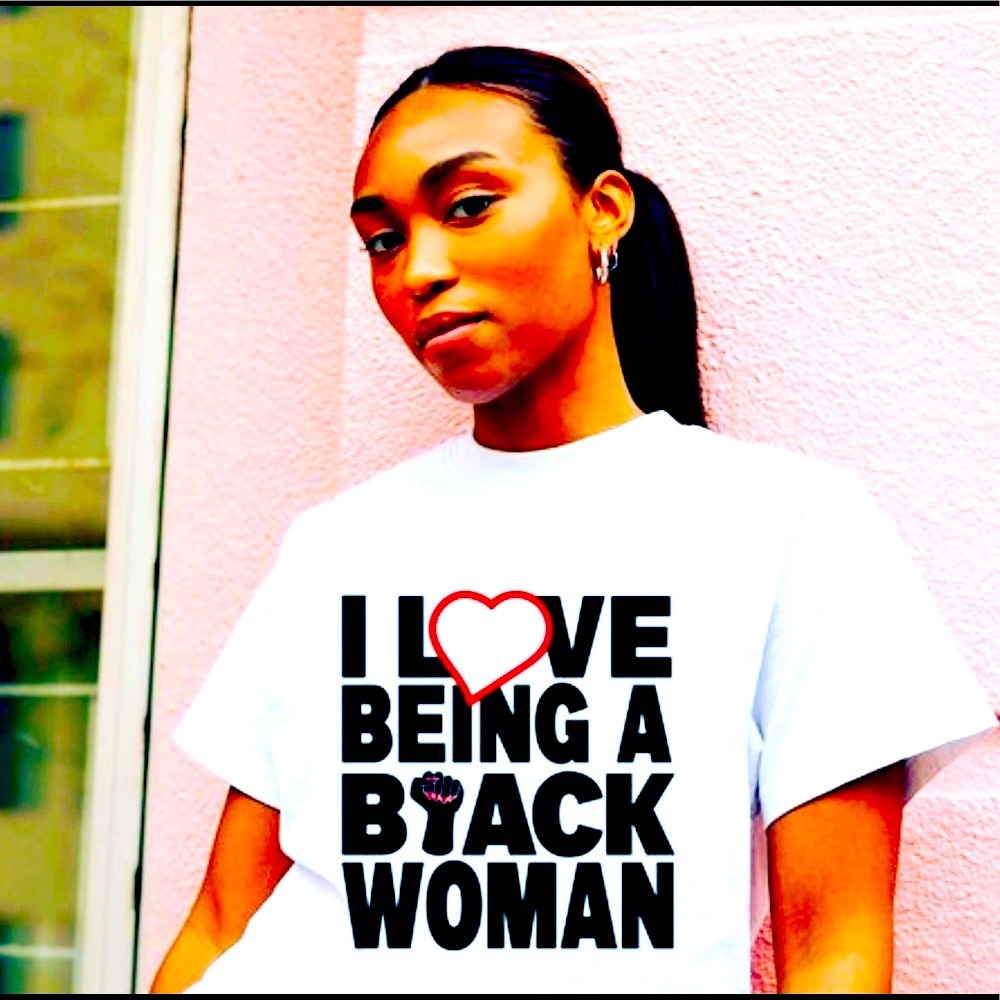 Women's I Love Being a Black Woman (White Shirt with Black letters and red